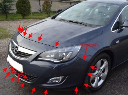 Befestigungspunkte der vorderen Stoßstange des Opel Astra J (nach 2010)