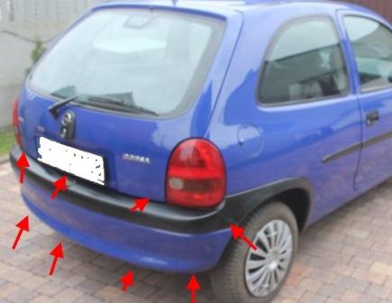 puntos de fijación del parachoques trasero Opel CORSA B (1993-2002)