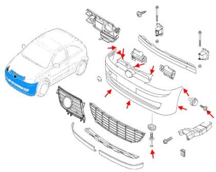 the scheme of fastening of the front bumper Opel CORSA C (2000-2007)
