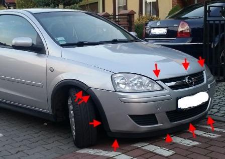 места крепления переднего бампера Opel  CORSA C (2000-2007)