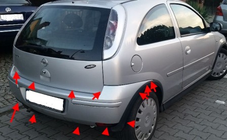 Befestigungspunkte der hinteren Stoßstange Opel CORSA C (2000-2007)