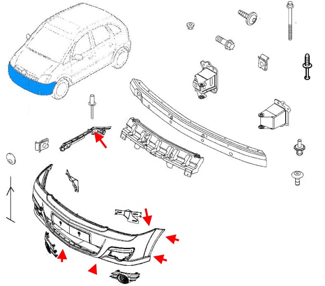 the scheme of fastening of the front bumper Opel MERIVA A (2003-2010)