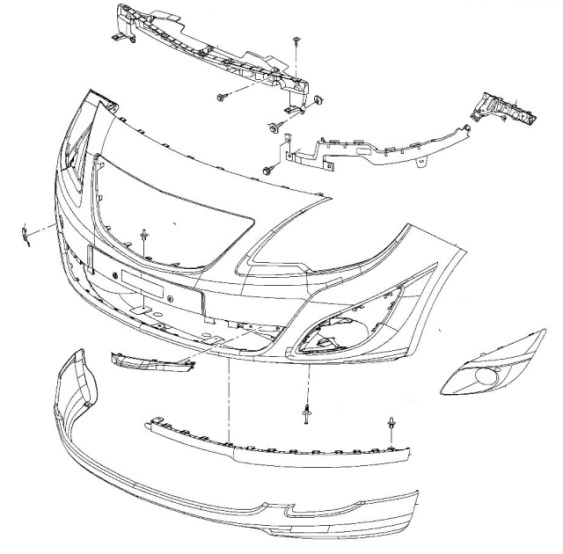 esquema de montaje del parachoques delantero Opel MERIVA B (2010+)