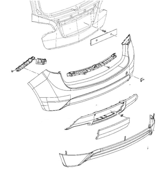 esquema de montaje del parachoques trasero Opel MERIVA B (2010+)