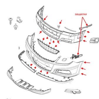the scheme of fastening of the front bumper Opel SIGNUM (2003-2008)