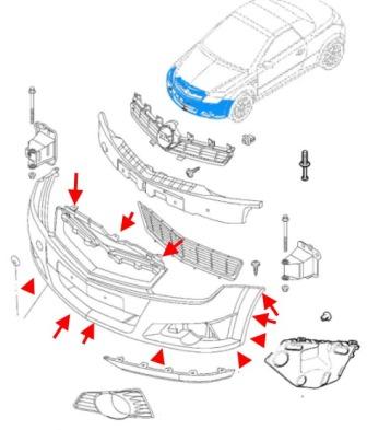 the scheme of fastening of the front bumper Opel TIGRA B (2004 – 2009)