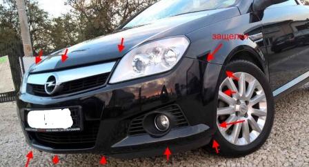 the attachment of the front bumper Opel TIGRA B (2004 – 2009)