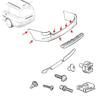 esquema de montaje del parachoques trasero Opel VECTRA B (1996-2002)