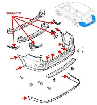 esquema de montaje del parachoques trasero Opel VECTRA C (2002-2008)