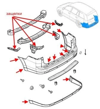 schéma de montage du pare-chocs arrière Opel VECTRA C (2002-2008)
