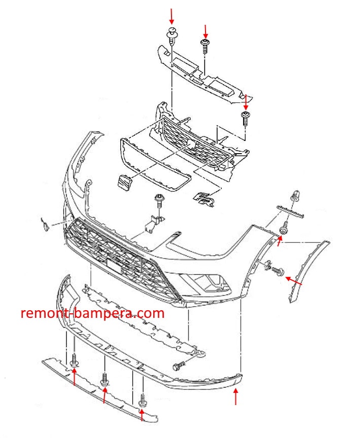 Esquema de montaje del parachoques delantero SEAT Arona I (2017-2023)