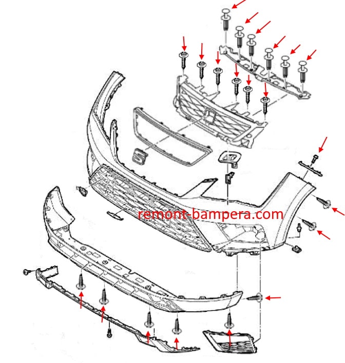 Схема крепления переднего бампера SEAT Ateca I (2016-2023)