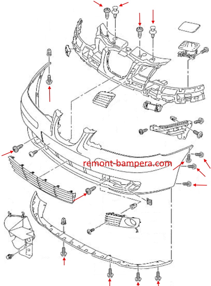 Схема крепления переднего бампера SEAT Cordoba II 6L (2003-2009)