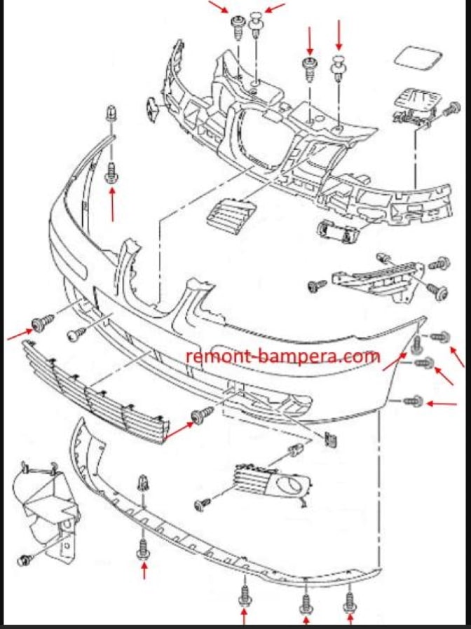 Схема крепления переднего бампера SEAT Ibiza III (2002-2008)