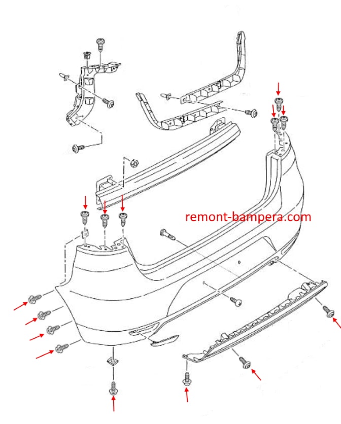 Схема крепления заднего бампера SEAT Ibiza III (2002-2008)