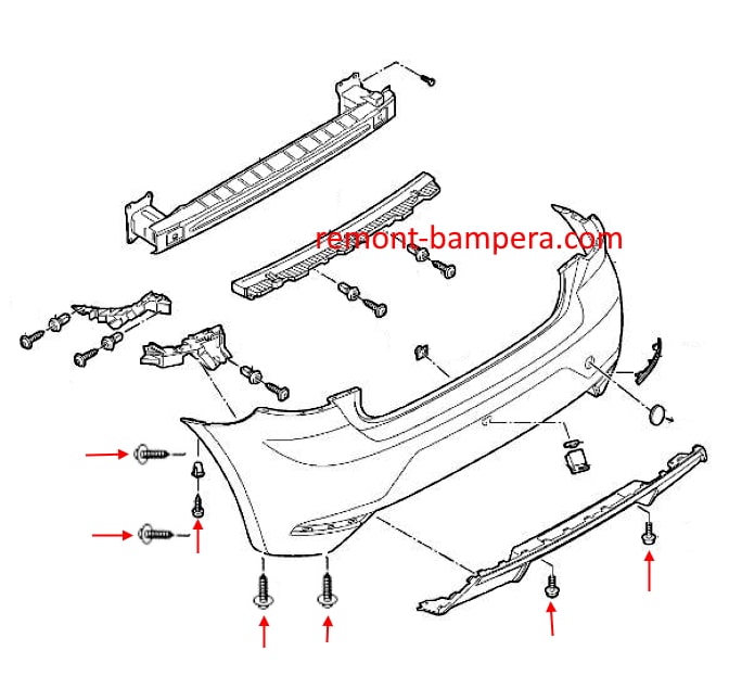 Схема крепления заднего бампера SEAT Ibiza V (2017-2023)
