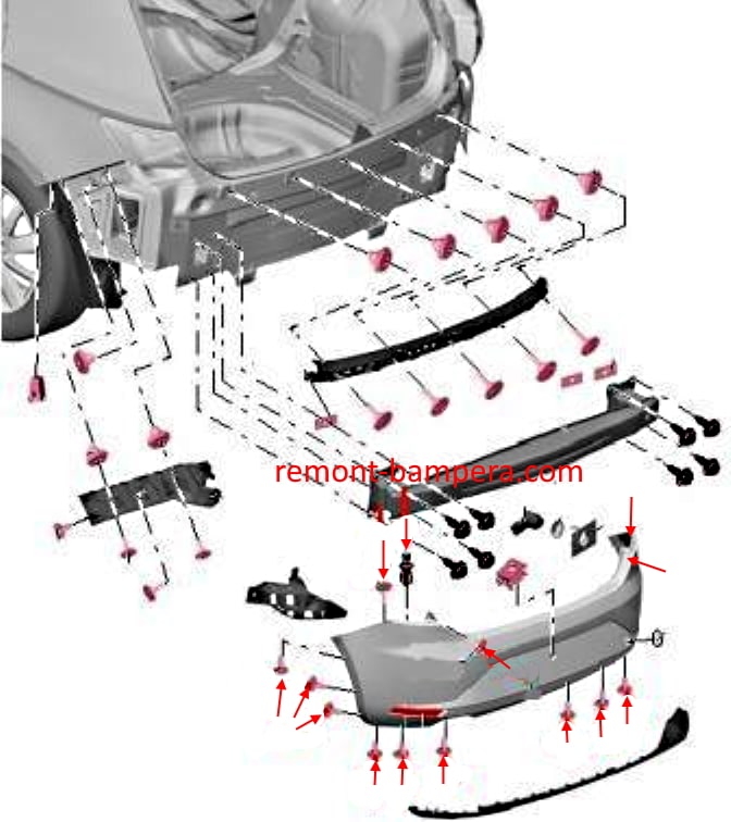 Esquema de montaje del parachoques trasero SEAT León III (2012-2020)