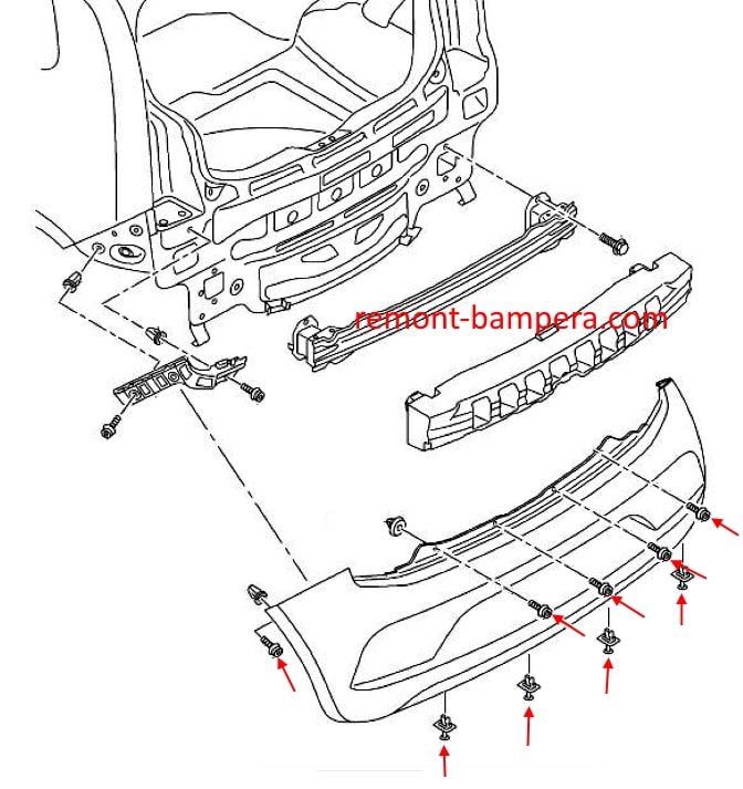 Схема крепления заднего бампера SEAT Mii I (2011-2023)