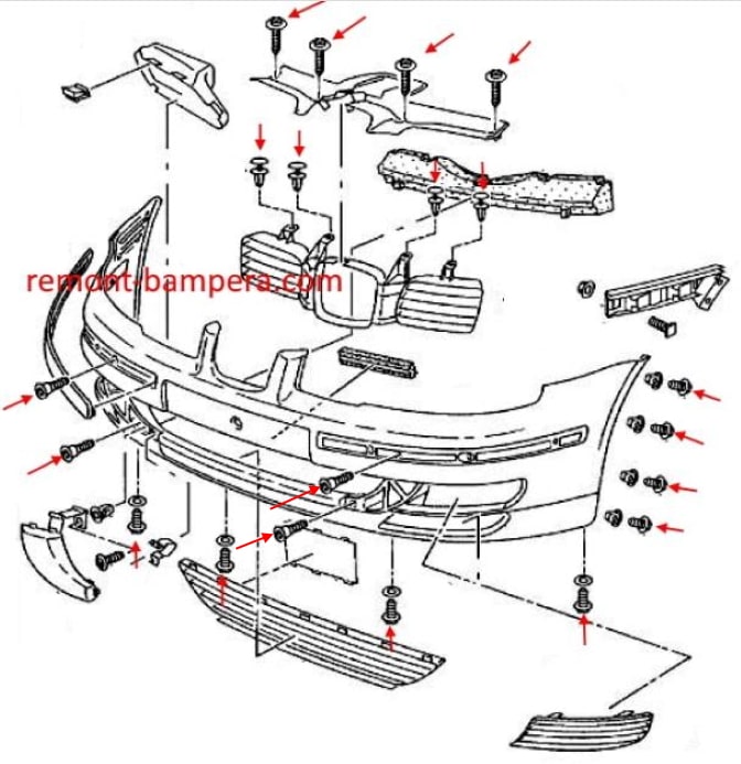 Scheme of mounting the front bumper SEAT Toledo II (1998-2004)