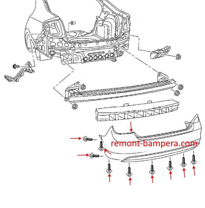Esquema de montaje del parachoques trasero SEAT Toledo IV (2012-2019)