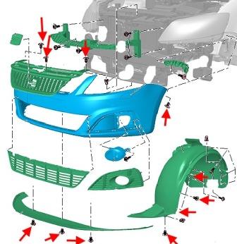 the scheme of fastening of the front bumper SEAT Alhambra (after 2011)