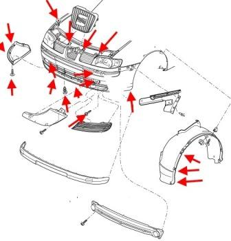 esquema de montaje del parachoques delantero SEAT Ibiza MK2 (1993-2002)
