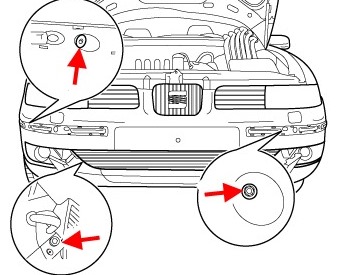 the scheme of fastening to front bumper SEAT Ibiza MK2 (1993-2002 year)