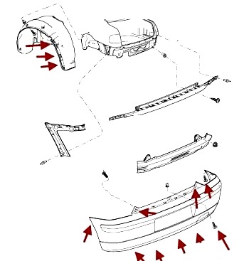 esquema de montaje del parachoques trasero SEAT Ibiza MK2 (1993-2002)