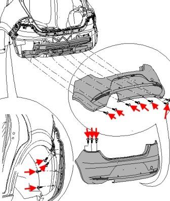 esquema de montaje del parachoques trasero SEAT Leon II (2005-2012)