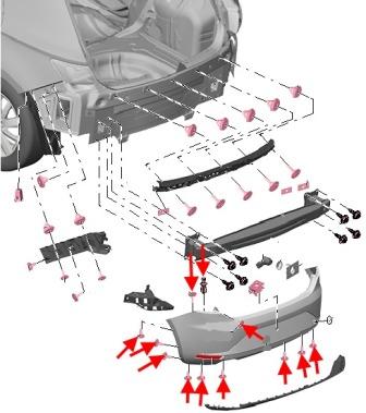 esquema de montaje del parachoques trasero SEAT Leon III (después de 2013)