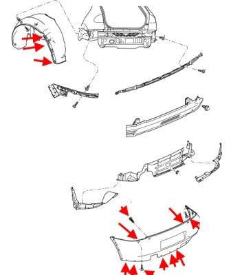 esquema de montaje del parachoques trasero SEAT Leon I (1999-2005)