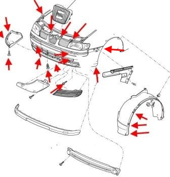Montageschema für vordere Stoßstange SEAT Toledo II (1998-2005)