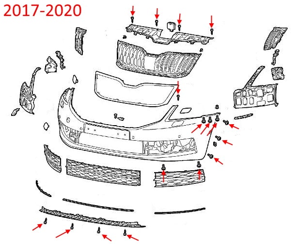 Montageschema der vorderen Stoßstange Skoda Octavia III (A7) (2013-2020)