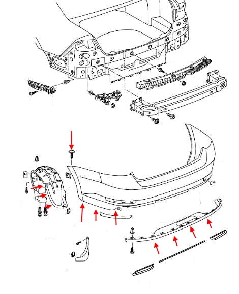 Esquema de montaje del parachoques trasero Skoda Superb III (B8) (2015+)