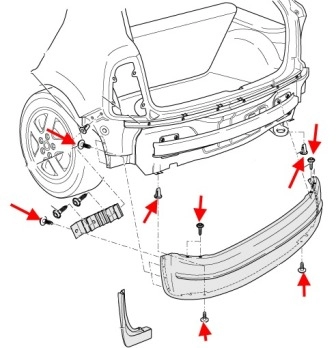 the scheme of fastening of the rear bumper SKODA FABIA MK1 (1999-2007).