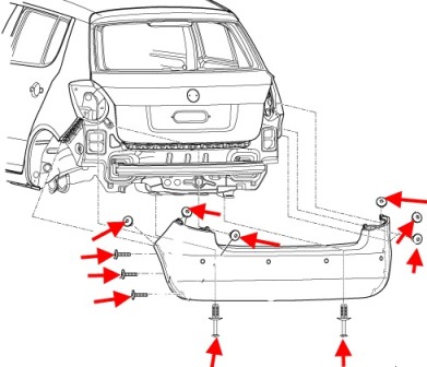 the scheme of fastening of the rear bumper SKODA FABIA MK2 (2007-2014).