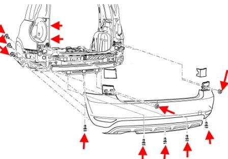 the scheme of fastening the rear bumper of the SKODA YETI