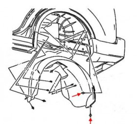 схема крепления заднего подкрылка Cadillac SRX (2004-2010)