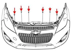 схема крепления переднего бампера Chevrolet Spark (Matiz)/ Daewoo Matiz (после 2010 года)