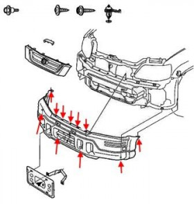 схема крепления переднего бампера Honda CR-V 1 (1995-2001)