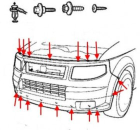схема крепления переднего бампера Honda Element