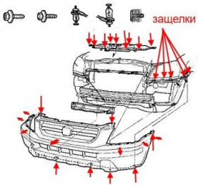 схема крепления переднего бампера Honda Pilot (2003-2008)