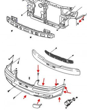 схема крепления переднего бампера Hyundai Trajet