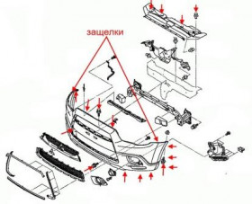 схема крепления переднего бампера Mitsubishi ASX (Outlander Sport)