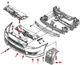 схема крепления переднего бампера Mitsubishi Lancer CX, CY, CZ (Lancer Evolution, Lancer Sportback) (после 2007 года) 