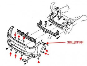 схема крепления переднего бампера Mitsubishi Outlander 3 (после 2012 года)