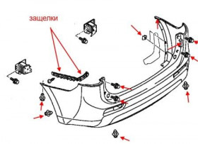 схема крепления заднего бампера Mitsubishi Outlander 3 (после 2012 года)