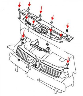 схема крепления решетки радиатора Mitsubishi Outlander 3 (после 2012 года)