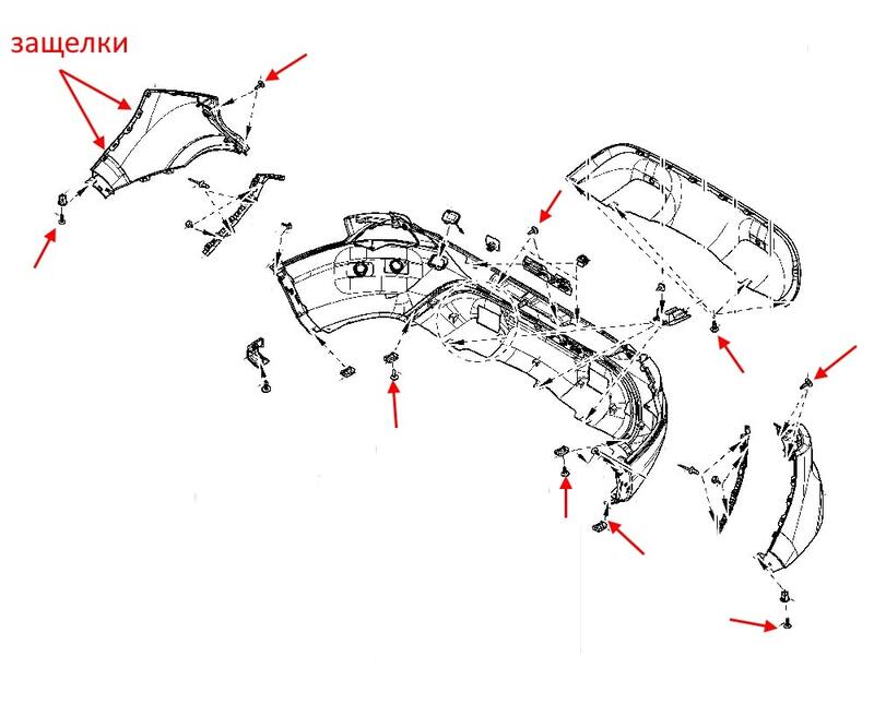 The scheme of fastening the rear bumper of the Renault Kadjar