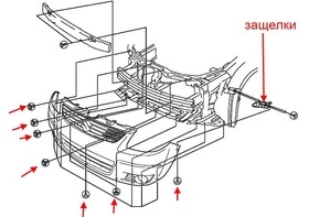 схема крепления переднего бампера Suzuki SX4 (2006-2013)
